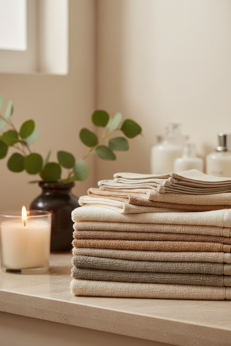 10 soft cotton washcloths neatly folded and stacked on a spa-like bathroom counter