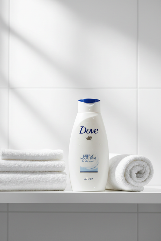 Dove 450ml body wash bottle on a clean white bathroom shelf
